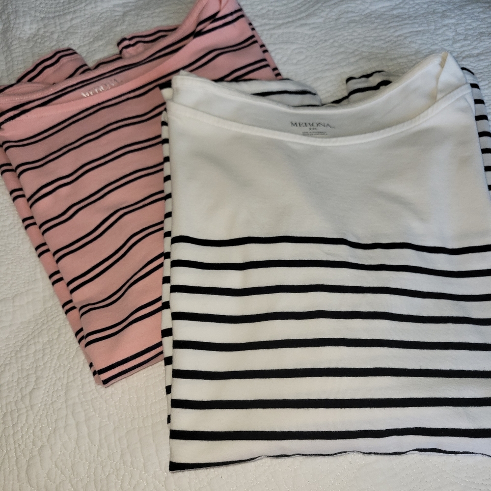 2 Merona Striped Boatneck Cotton Tops  Pink/Navy & White/Black  Size XXL
